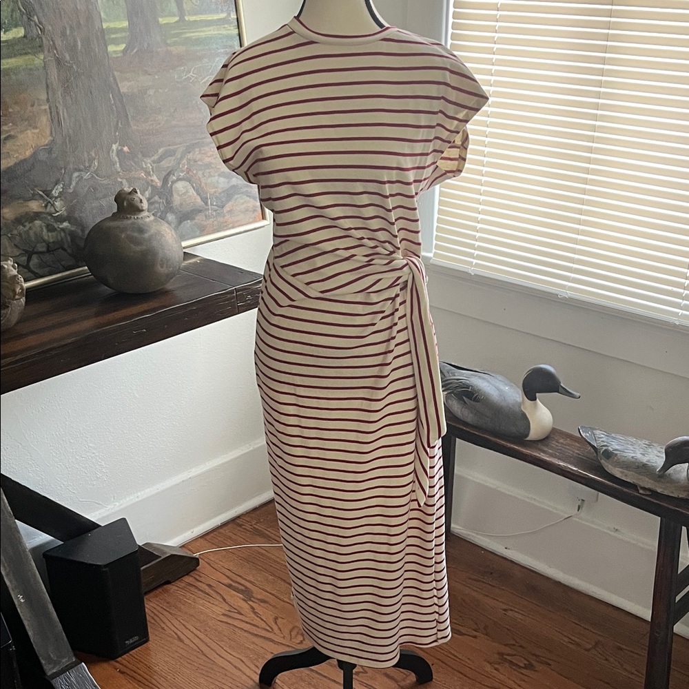 Striped Tie-Waist Midi Dress in Cream and Burgundy